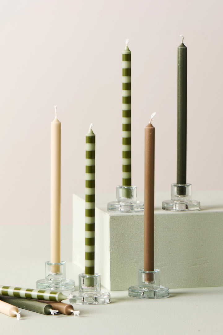 Striped Taper Candle - Olive Green and Light Green