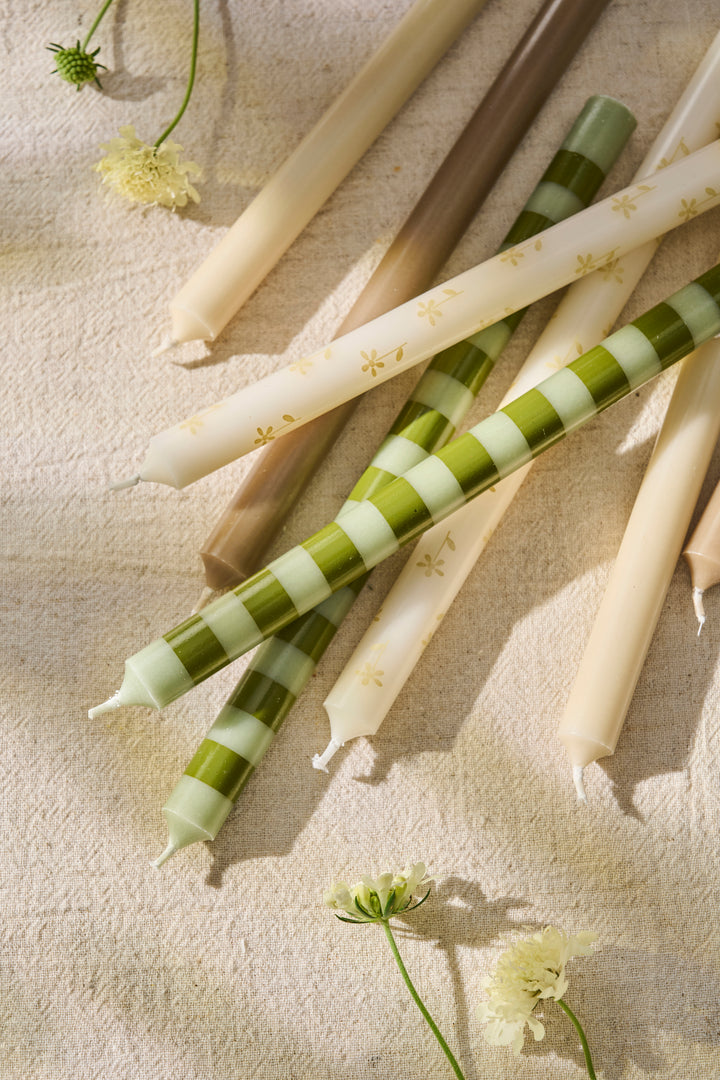 Striped Taper Candle - Olive Green and Light Green