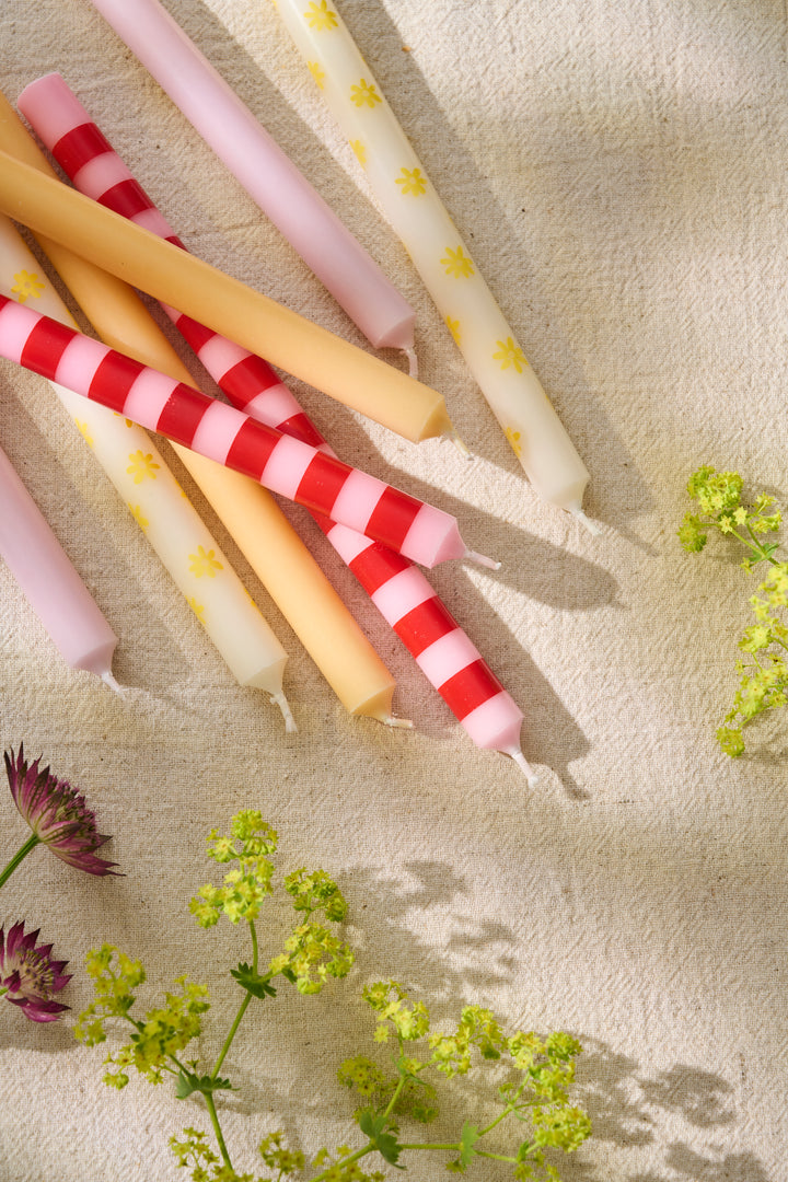 Striped Taper Candle - Red and Light Pink
