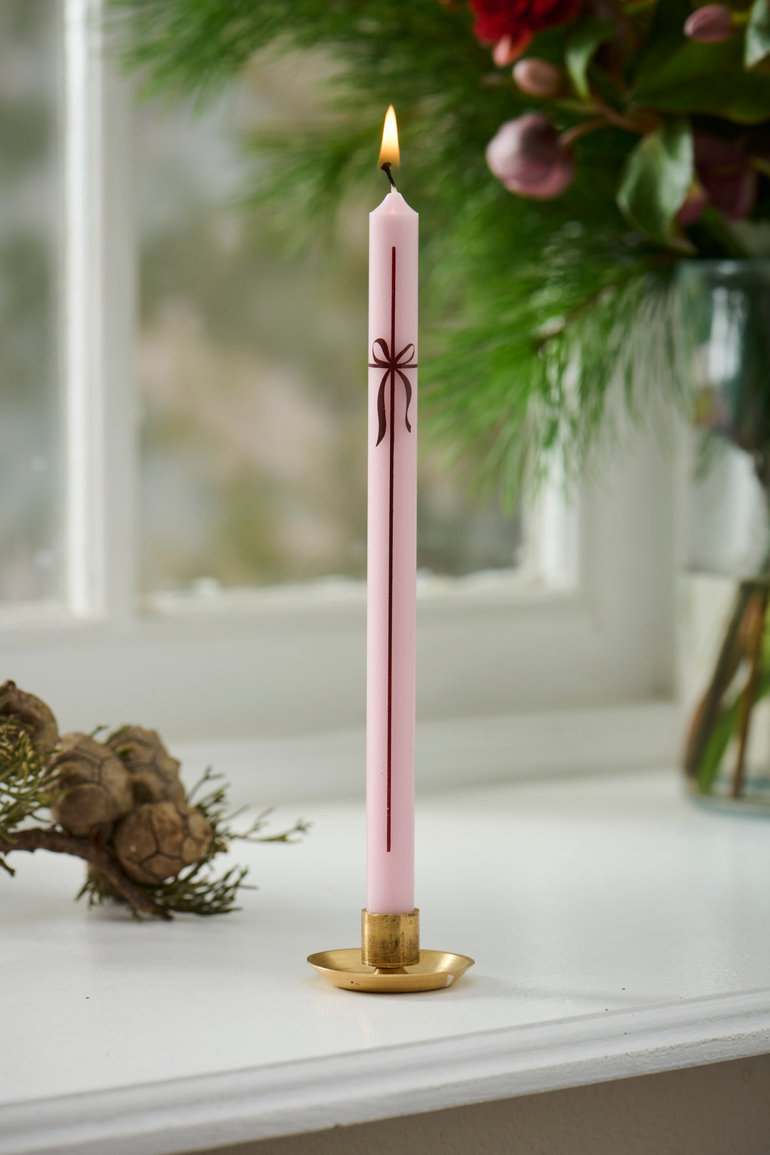 Light Pink Stearin Taper Candle with Bow