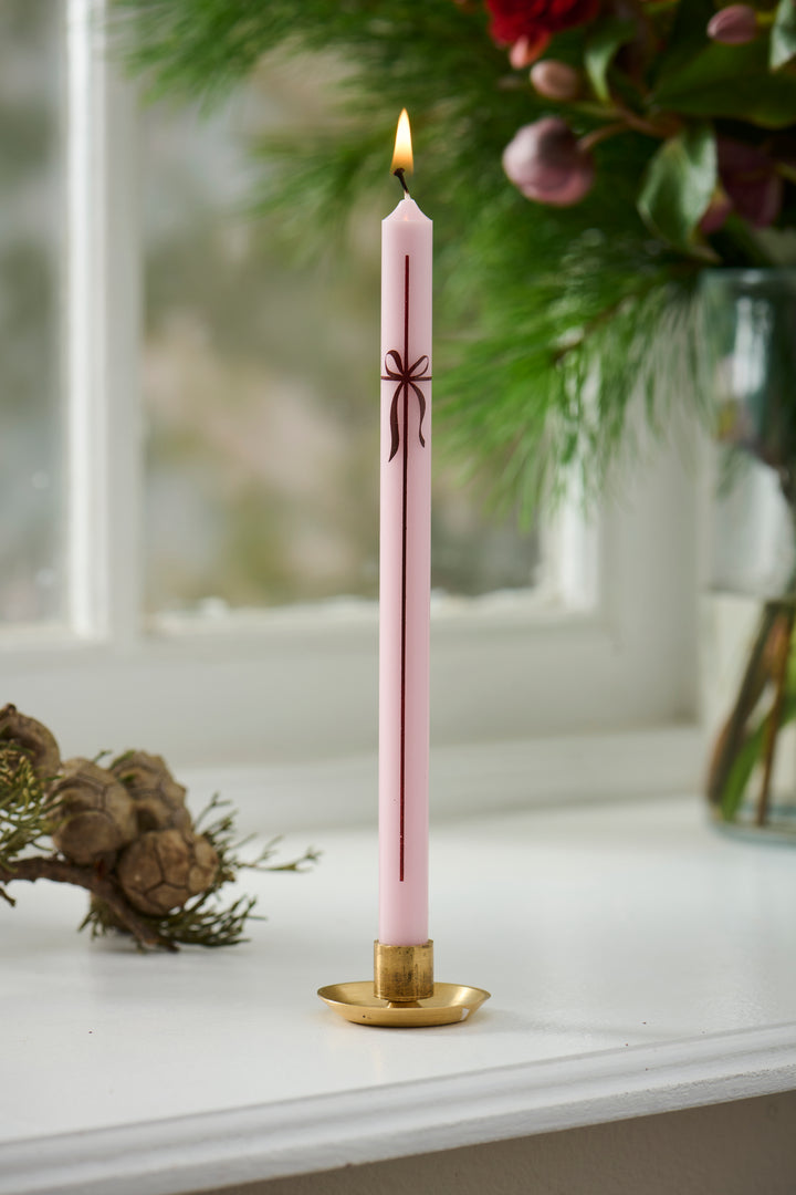 Light Pink Stearin Taper Candle with Bow