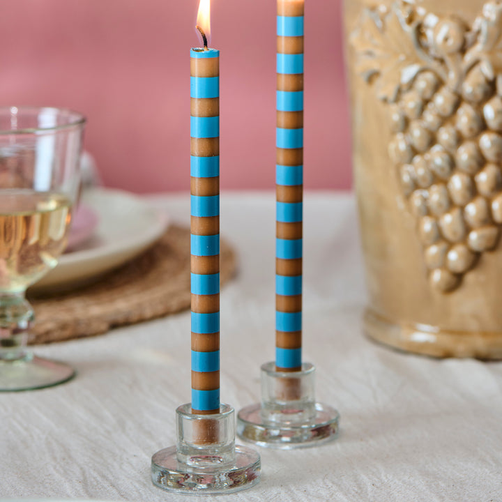 Striped Taper Candle - Honey and Dusty Blue