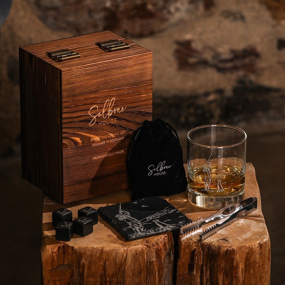 Selbrae House Shooting Drinks Set by Cornucopia Home and Gift, featuring glassware with intricate patterns and a classic design.
