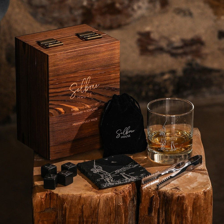 Selbrae House Shooting Drinks Set by Cornucopia Home and Gift, featuring glassware with intricate patterns and a classic design.