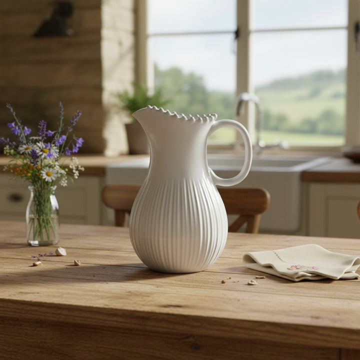 Pearl white ceramic pitcher with elegant shape from Cornucopia Home and Gift, perfect for serving or decorative display.