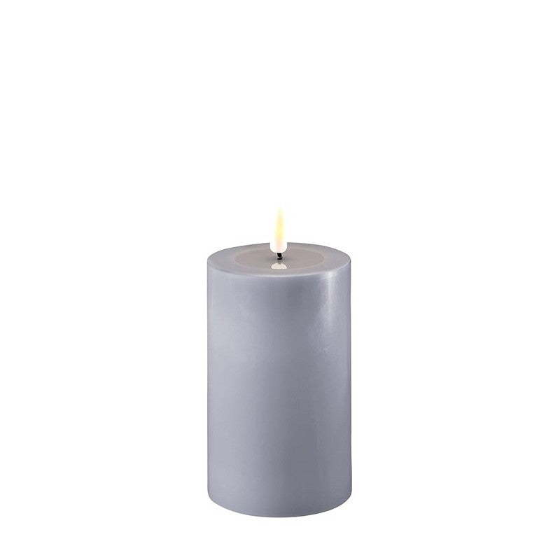 Dusty blue LED candle from Cornucopia Home and Gift, deluxe home art decor, D7.5x12.5cm, with realistic flickering light.