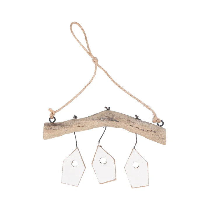 Rustic Gisela Graham wood birdhouses on a bough for garden decor, featuring natural wood finishes and charming birdhouse designs.