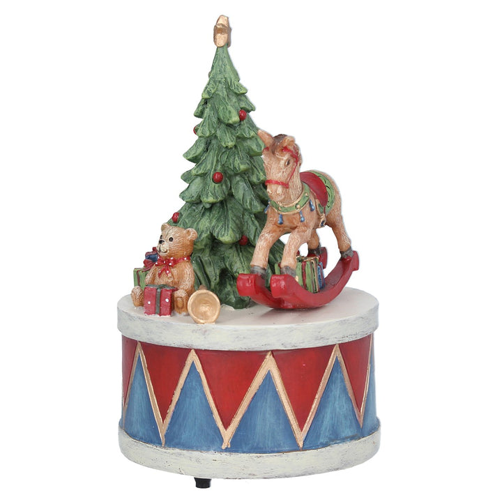 Gisela Graham Christmas rocking horse music box by Cornucopia Home and Gift, featuring a festive holiday design with a wooden horse.