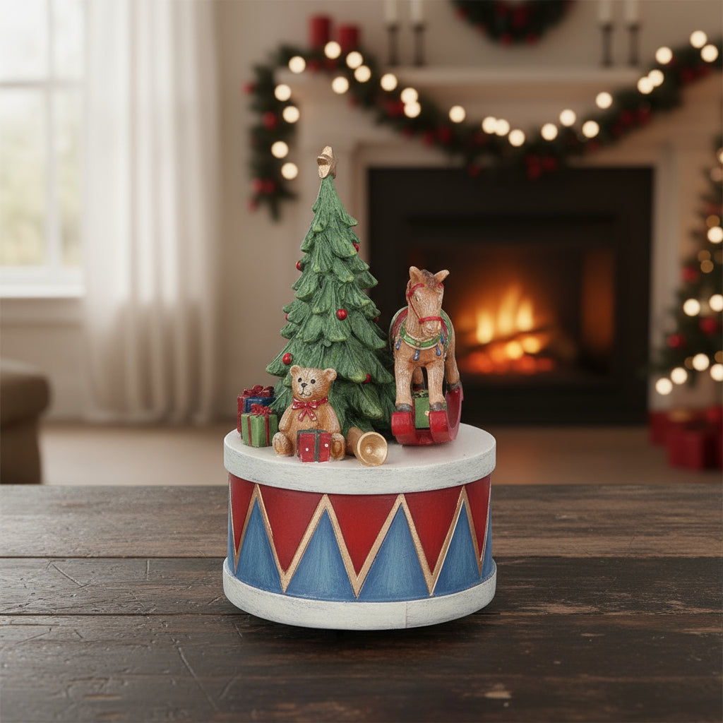 Gisela Graham Christmas rocking horse music box with festive design, crafted by Cornucopia Home and Gift.