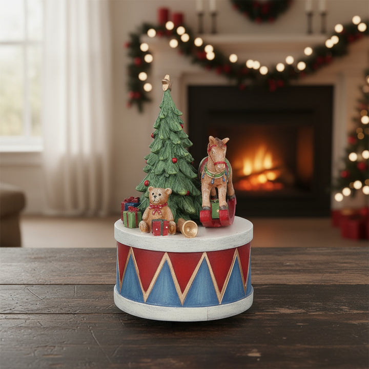 Gisela Graham Christmas rocking horse music box with festive design, crafted by Cornucopia Home and Gift.