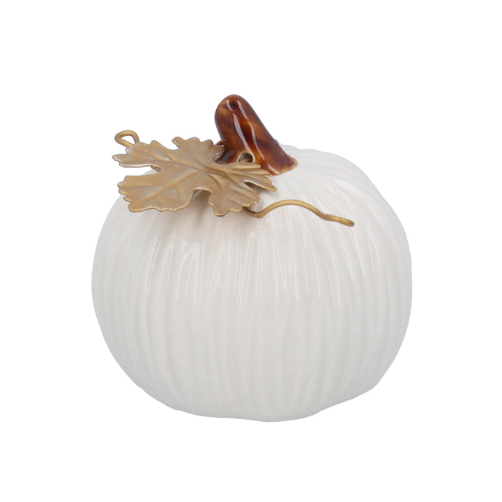 White Stoneware Mini Pumpkin Ornament with Gold Leaf
