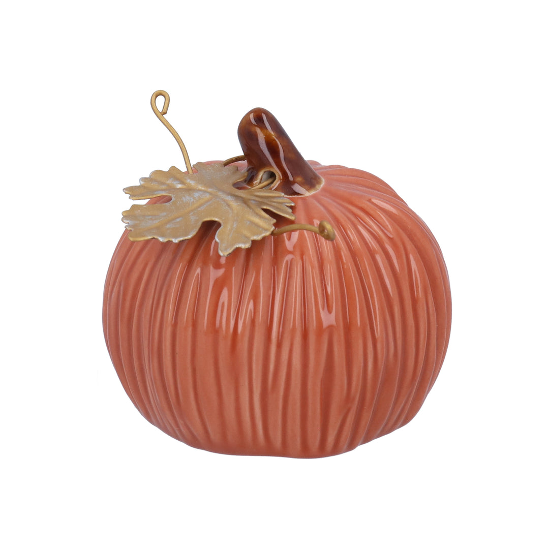 Orange Stoneware Mini Pumpkin Ornament with Gold Leaf