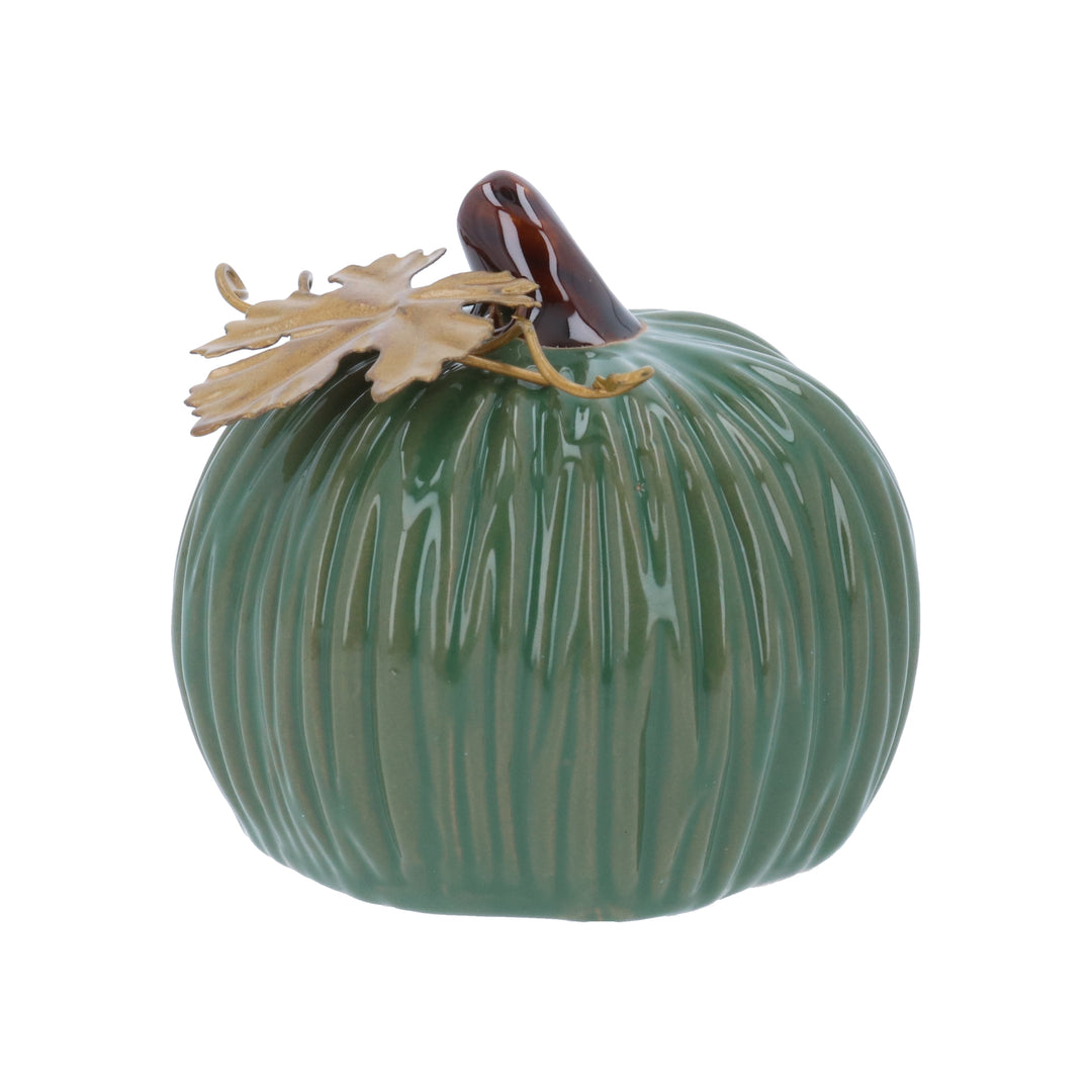 Mini green pumpkin stoneware ornament with gold leaf, Gisela Graham Halloween decoration by Cornucopia Home and Gift.