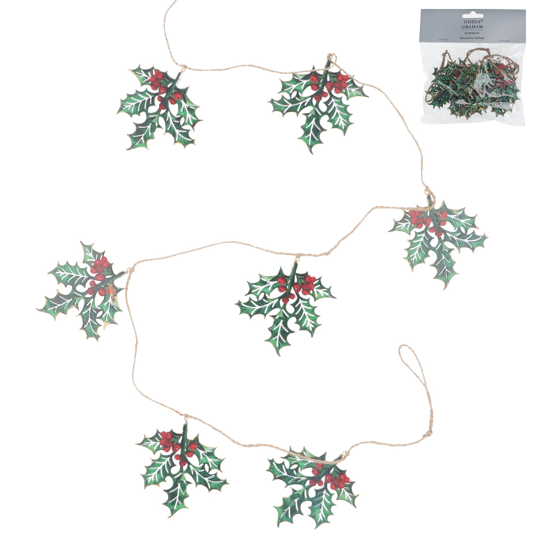 Gisela Graham Holly Wood Decorative Garland with festive green leaves and red berries, perfect for Christmas holiday decor.