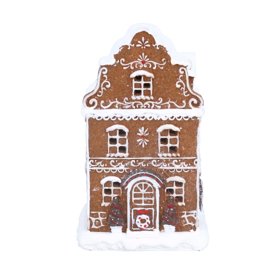 White iced gingerbread townhouse decorative ornament by Gisela Graham for Christmas, perfect for holiday festive displays.