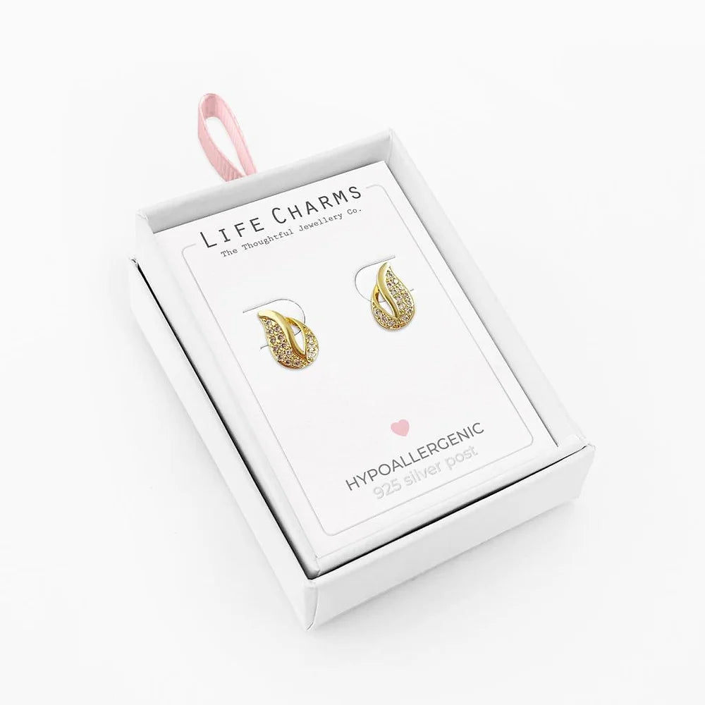 Diamond gold drop stud earrings by Life Charms, featuring elegant gold and diamond accents in a classic drop design.