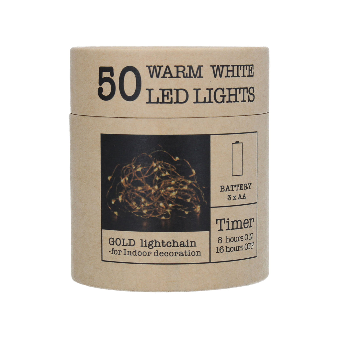 Warm white LED string lights on gold wire, 5m length, Gisela Graham Christmas decoration by Cornucopia Home and Gift.