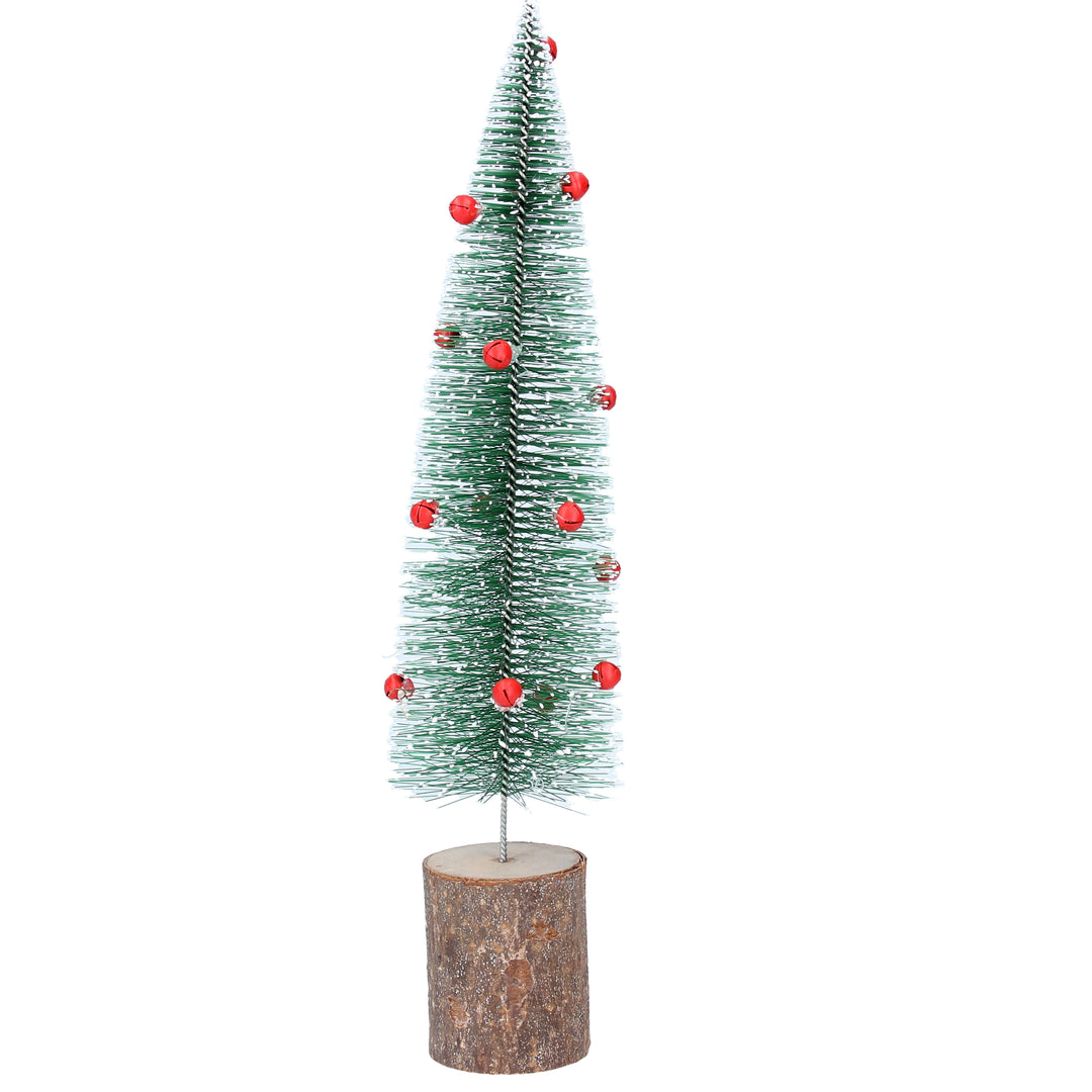 Gisela Graham Christmas green bristle tree with red bells on a log ornament, decorative holiday Christmas decor by Cornucopia Home and Gift
