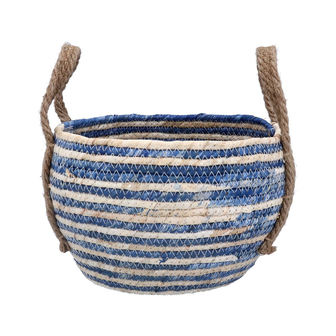 Small blue stripe round corn husk basket by Gisela Graham, perfect for decorative storage or display.