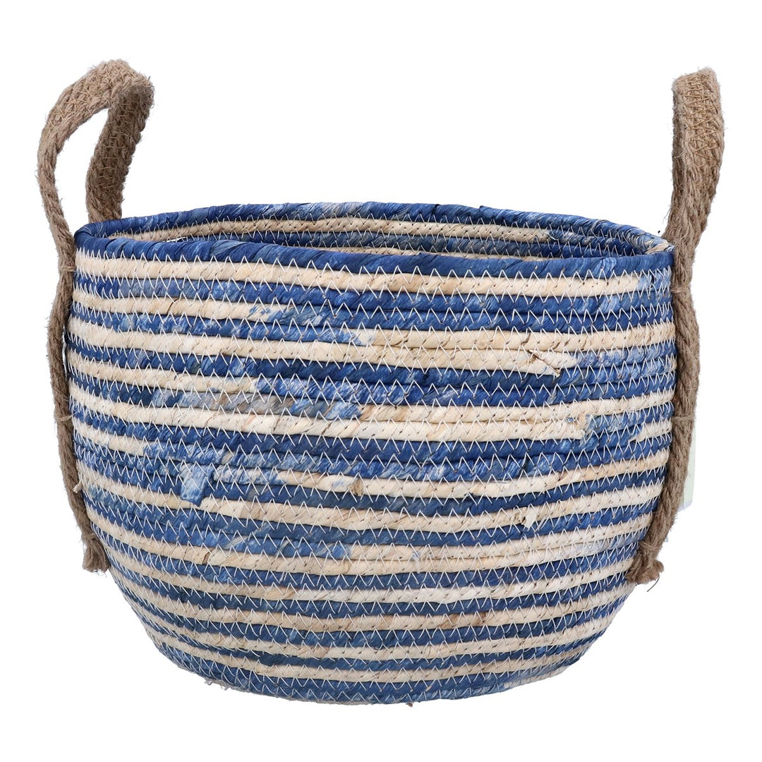 Medium blue and white striped round corn husk basket by Gisela Graham, ideal for home decor or storage.