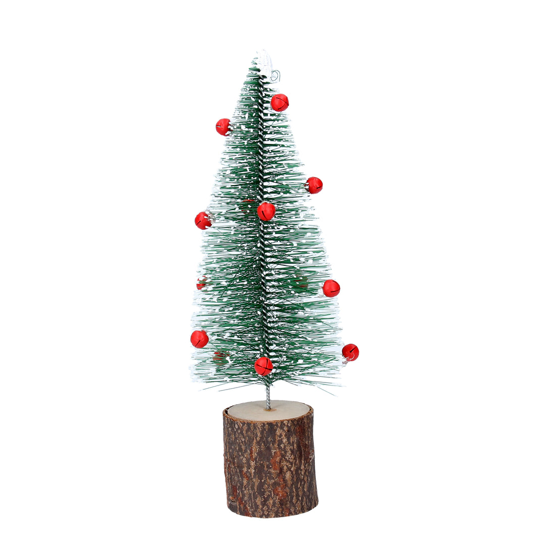 Green bristle tree with red bells on a log Christmas ornament by Gisela Graham, perfect for holiday decorating.