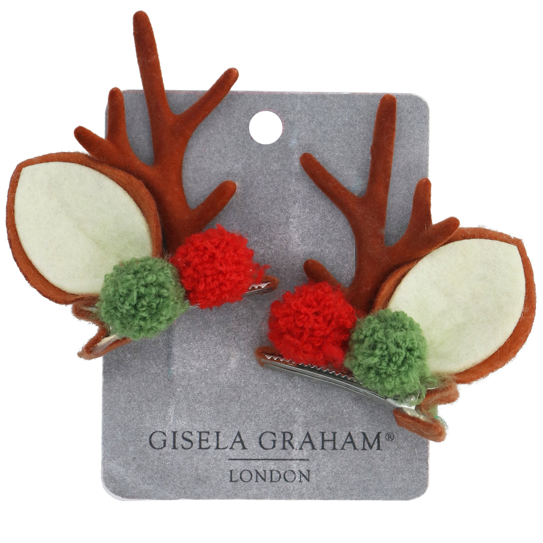 Gisela Graham Fabric Antler &amp; Pom Pom Hair Clips | Pack of 2