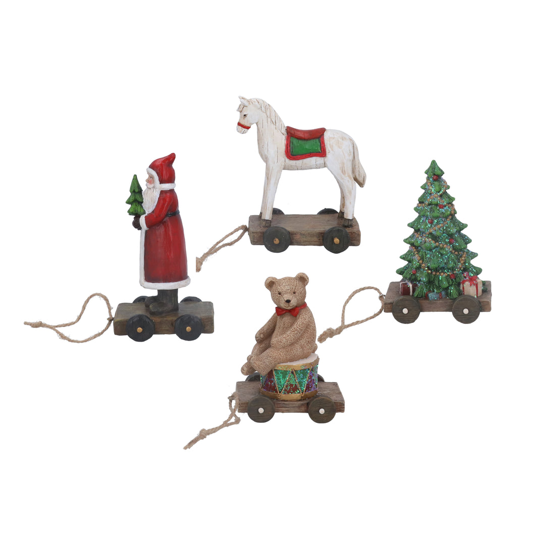 Vintage Gisela Graham Christmas pull-along toy ornaments featuring classic holiday characters with colorful, detailed designs.
