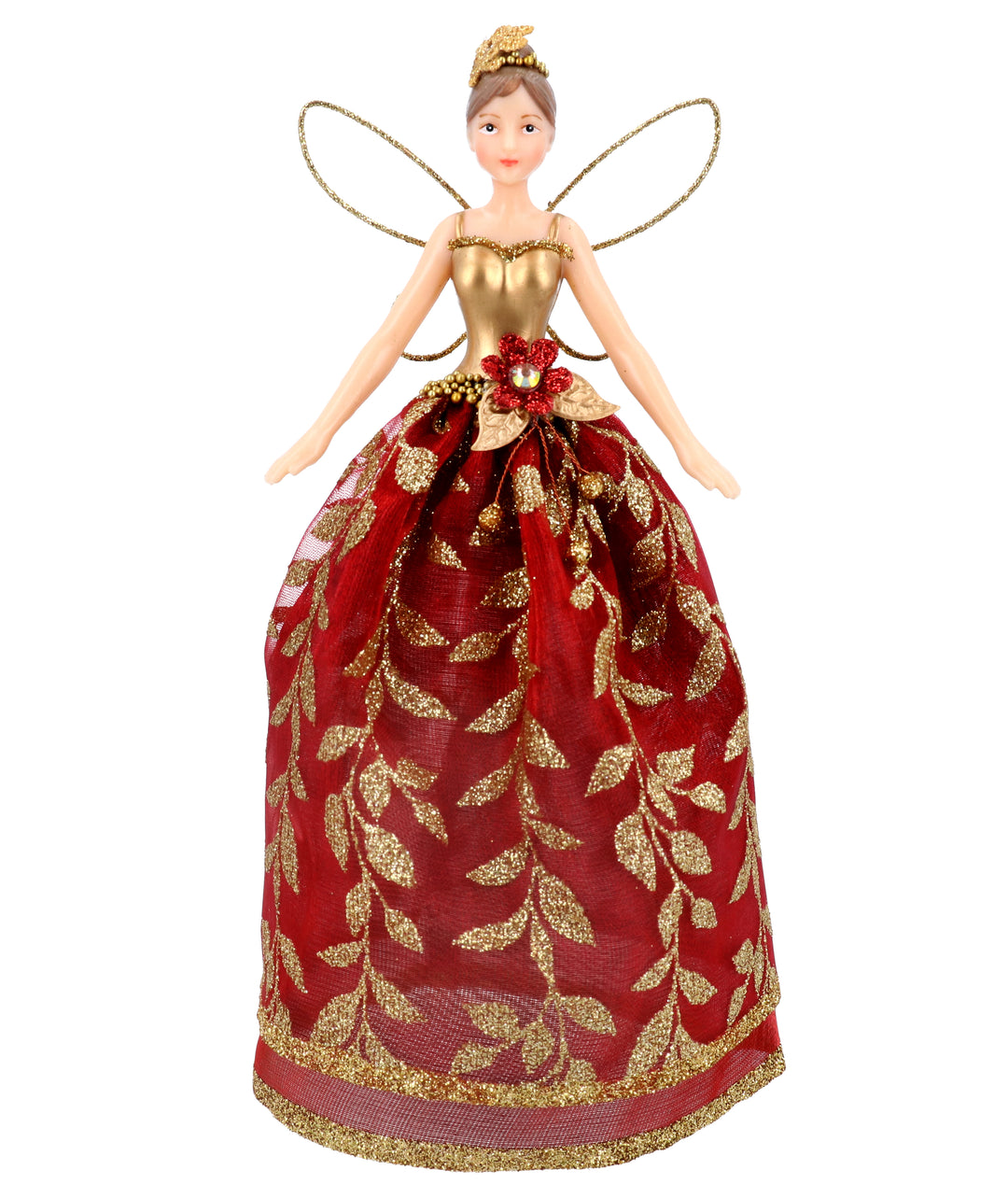 Gisela Graham Small Leaf Tree Top Fairy Ornament in red and gold, festive Christmas decoration by Cornucopia Home and Gift.