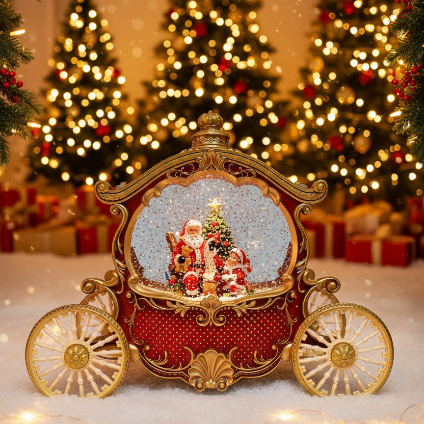 Straits Christmas Santa Scene Red Carriage water spinner by Cornucopia Home and Gift featuring a festive Santa figure and colorful carriage design.