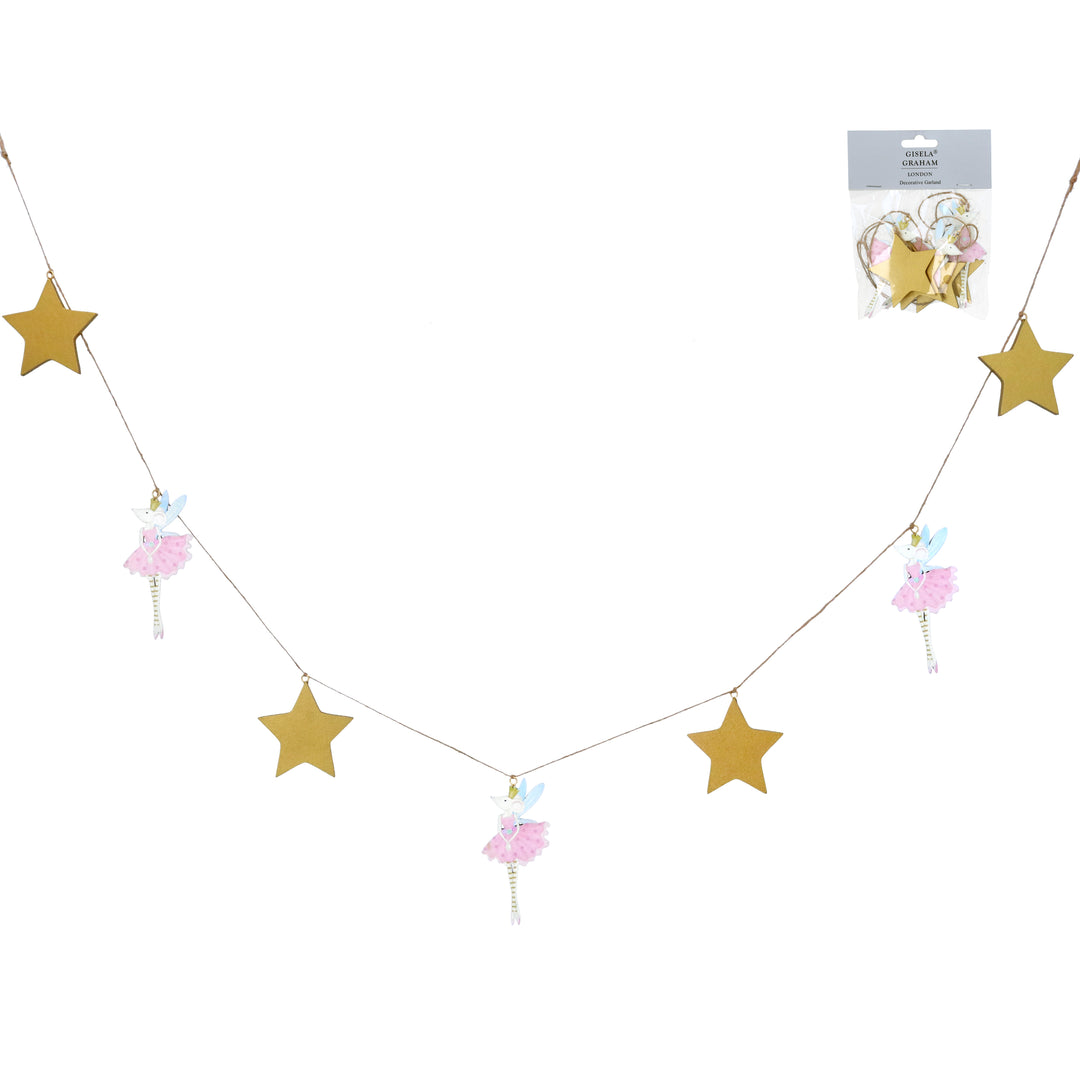 Pink ballerina mice and gold star wood garland from Gisela Graham Christmas, featuring charming pink mice and gold star decorations.