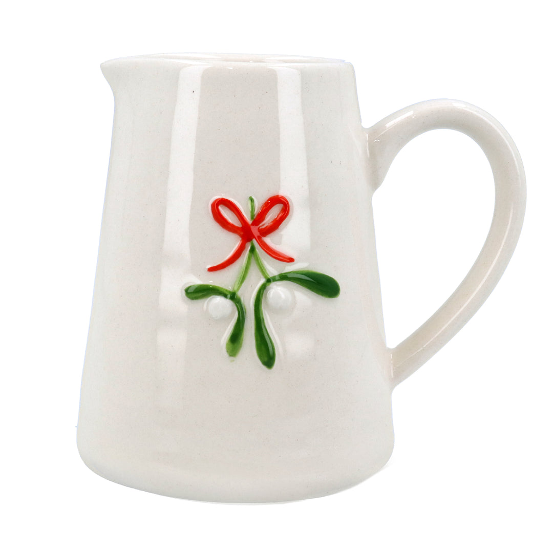 Gisela Graham Christmas stoneware mini jug with bow and mistletoe, ideal for holiday decor or festive table setting.