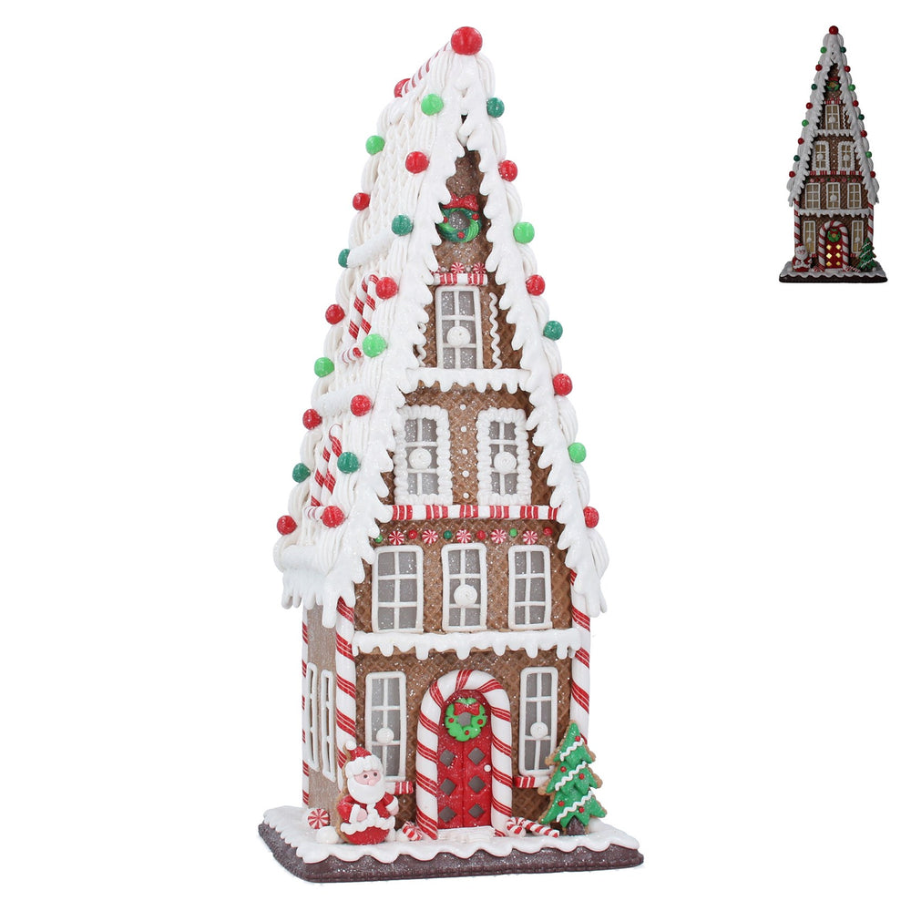 Tall light-up gingerbread house ornament by Gisela Graham for Christmas, featuring festive holiday decoration with illuminated details.