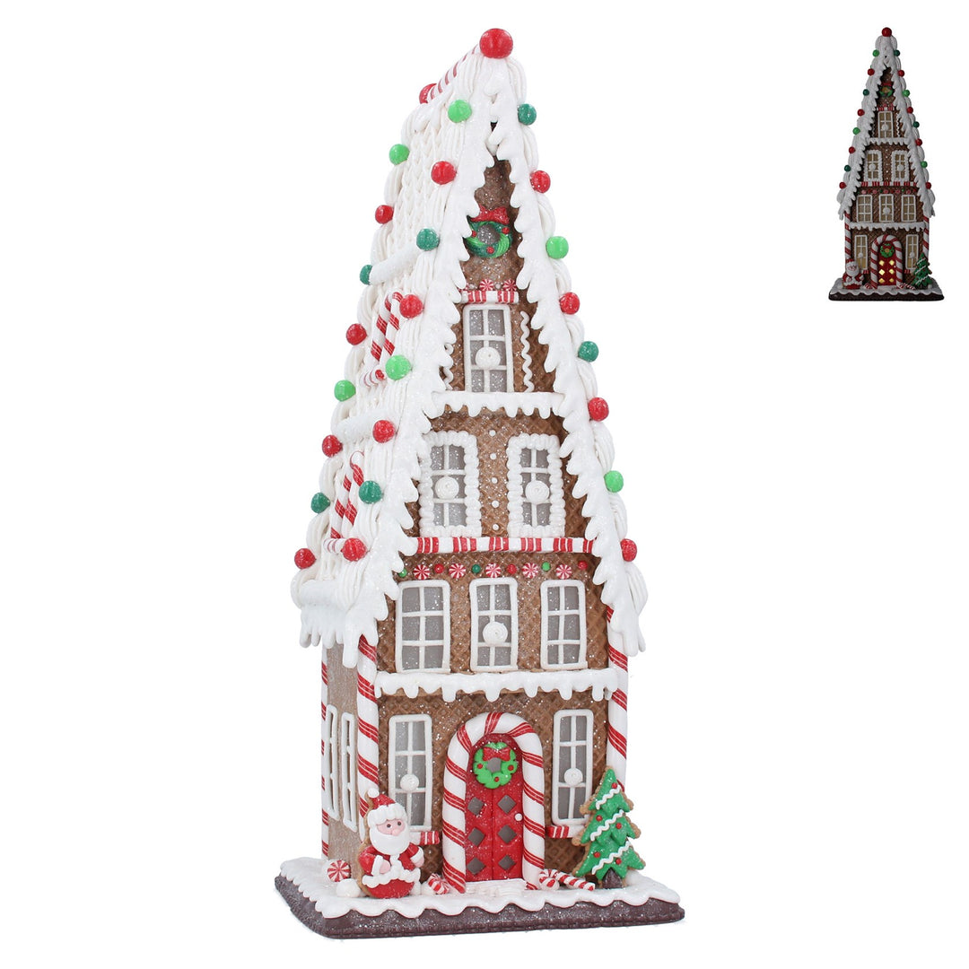 Tall light-up gingerbread house ornament by Gisela Graham for Christmas, featuring festive holiday decoration with illuminated details.