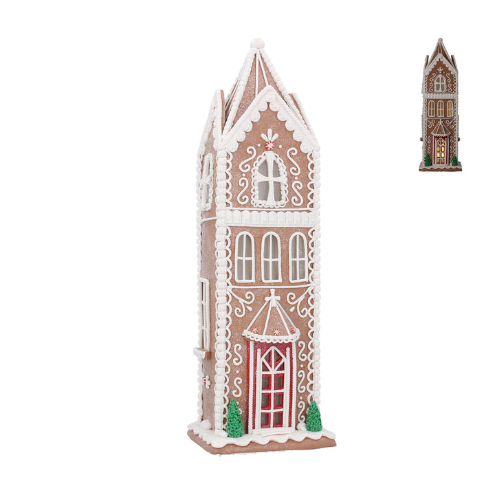 Tall Gisela Graham Christmas gingerbread house ornament with illuminated details, perfect for holiday decoration
