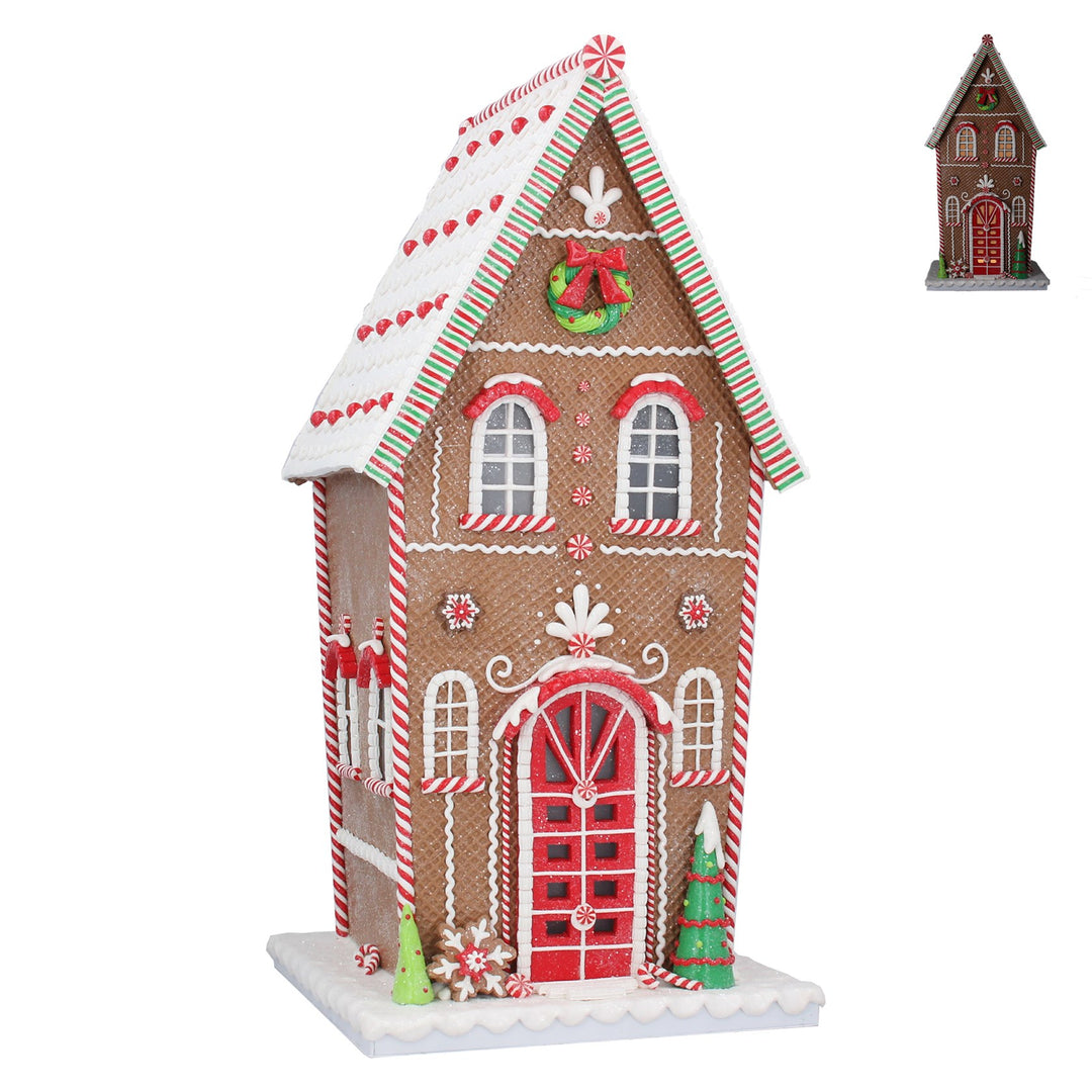 Gisela Graham Tall Lite Up Gingerbread House Christmas Ornament with festive gingerbread design and glowing lights.
