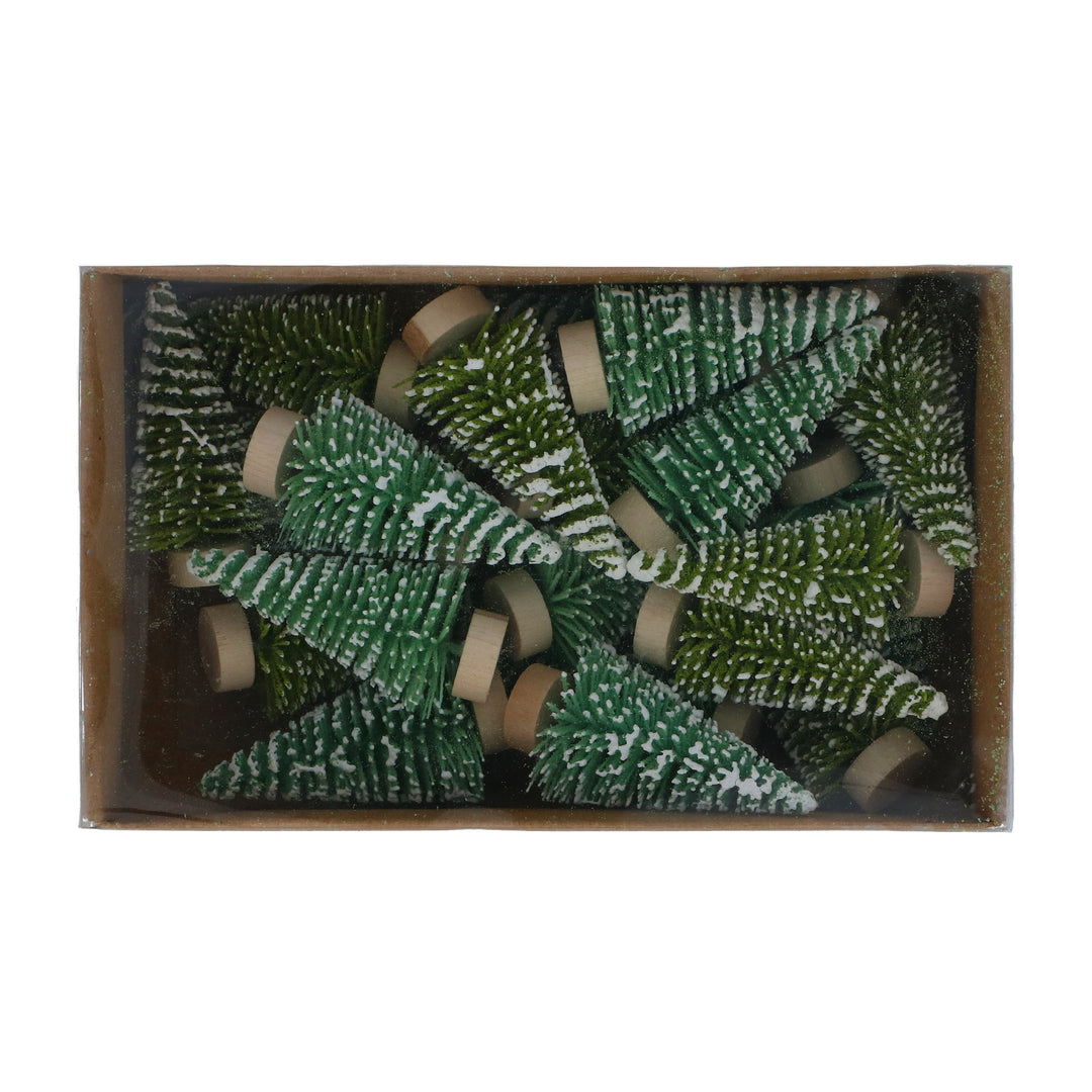 Set of 12 Gisela Graham Snowy Mini Fir Trees, festive Christmas decorative mini pine trees in a box by Cornucopia Home and Gift