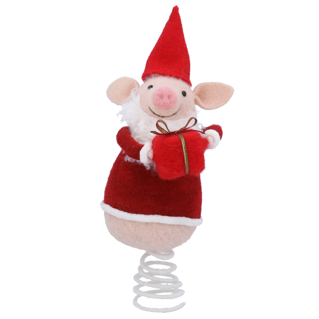 Gisela Graham Christmas pig tree topper wearing a Santa outfit, festive holiday decor for Christmas trees.