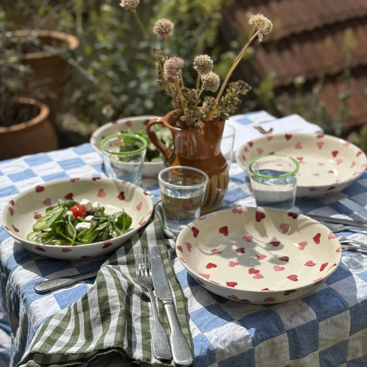 Emma Bridgewater pink hearts medium pasta bowl with a floral design, featuring a pink heart pattern on a white background.