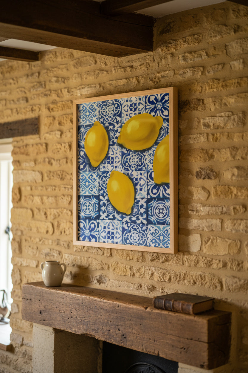 Large Lemon Tiles Artwork in Natural Frame
