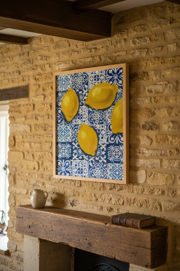 Large Lemon Tiles Artwork in Natural Frame