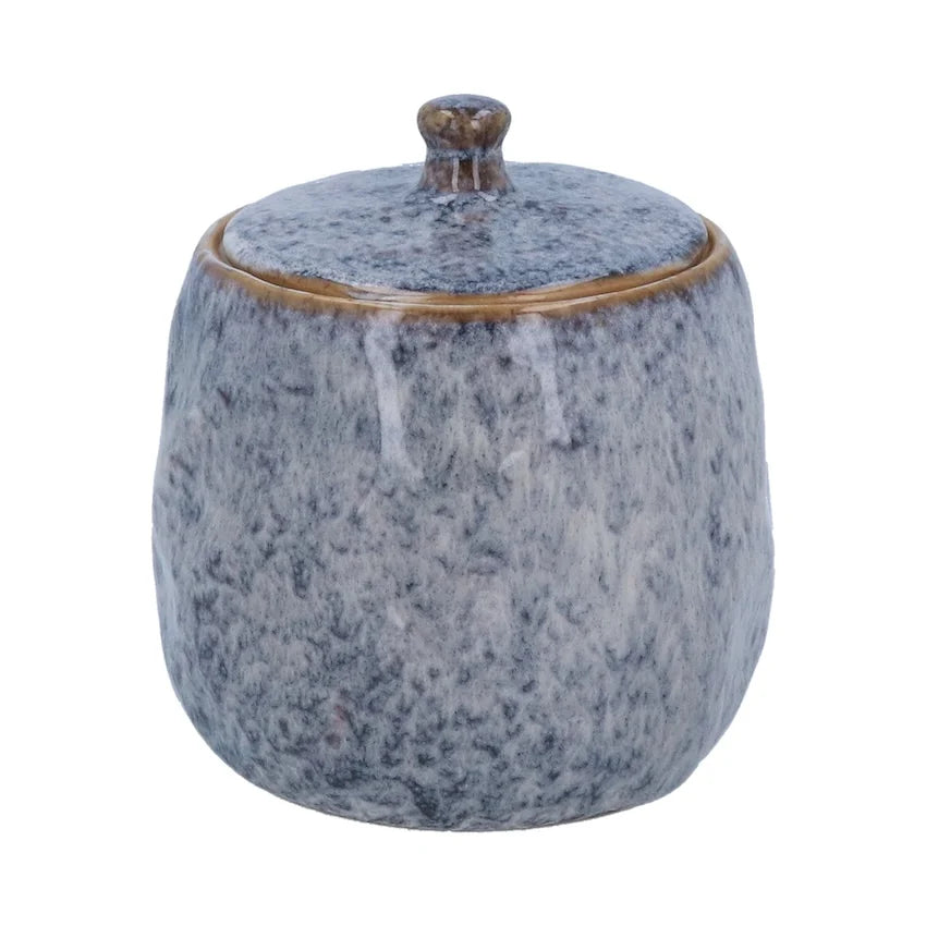 Gisela Graham large blue speckled stoneware pot with lid, decorative ceramic container for kitchen or decor.