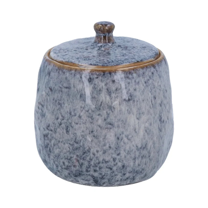 Gisela Graham large blue speckled stoneware pot with lid, decorative ceramic container for kitchen or decor.