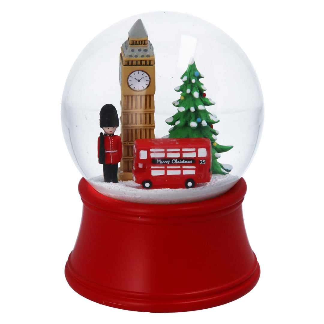 Gisela Graham London Icons musical snow globe featuring famous London landmarks and festive holiday scene.