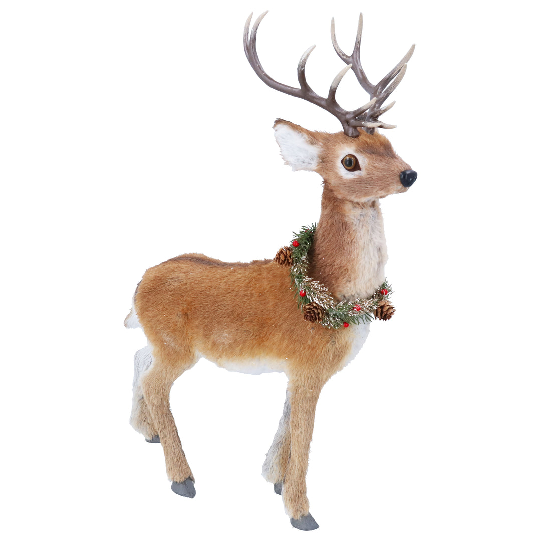 Gisela Graham Christmas natural stag ornament with a wreath, decorative holiday Christmas ornament featuring a stag figure with greenery