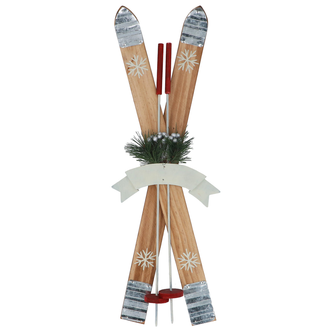Large metal tip wood skis ornament from Gisela Graham Christmas collection, featuring rustic wooden and metal design.
