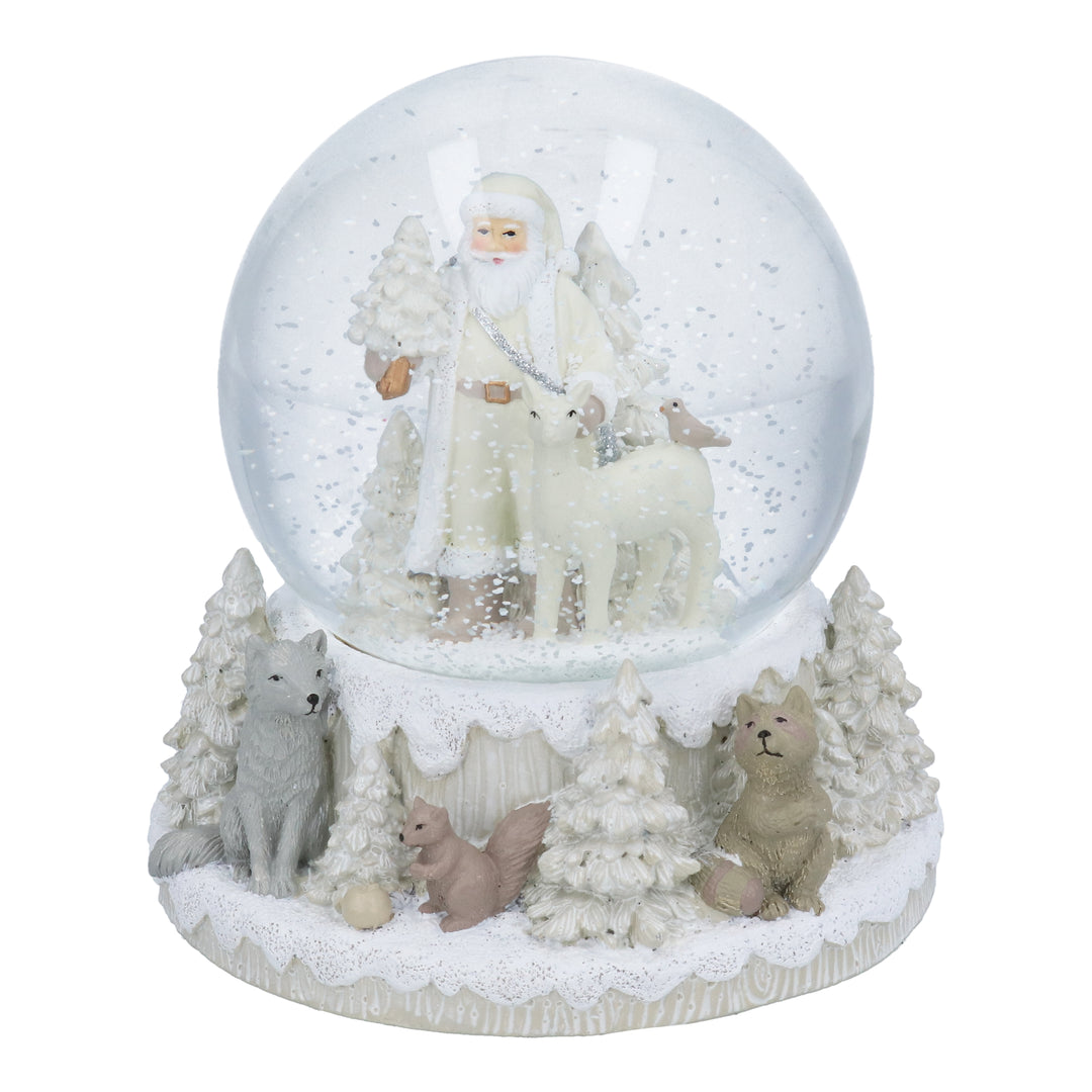 Gisela Graham Christmas snow globe featuring a winter forest scene with Santa and musical snow globe design.