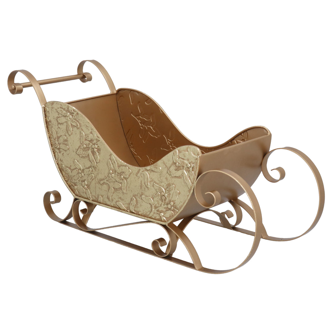 Large gold metal sleigh from Gisela Graham Christmas collection, featuring a festive holiday design perfect for seasonal decorations.