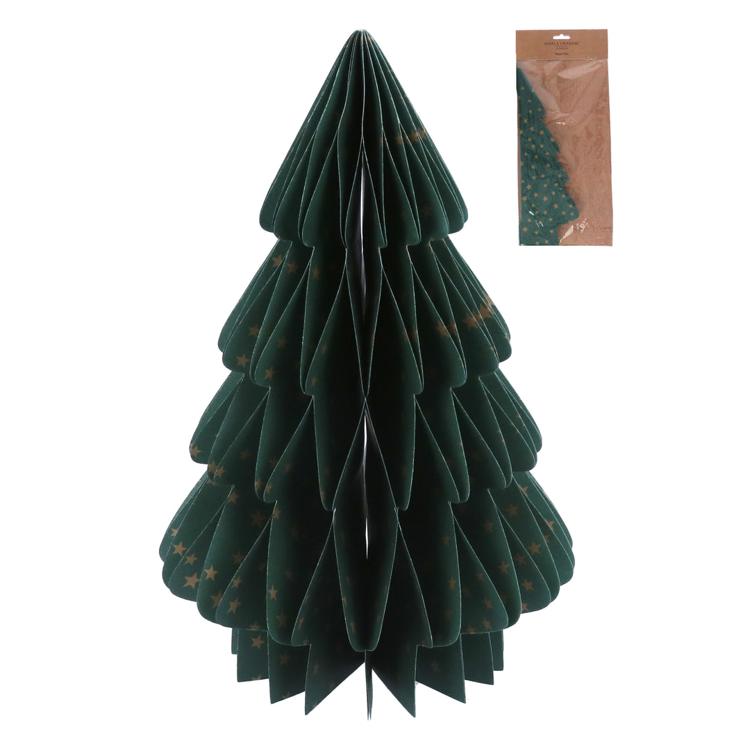 Green paper honeycomb tree ornament with gold stars, Gisela Graham Christmas decoration by Cornucopia Home and Gift.