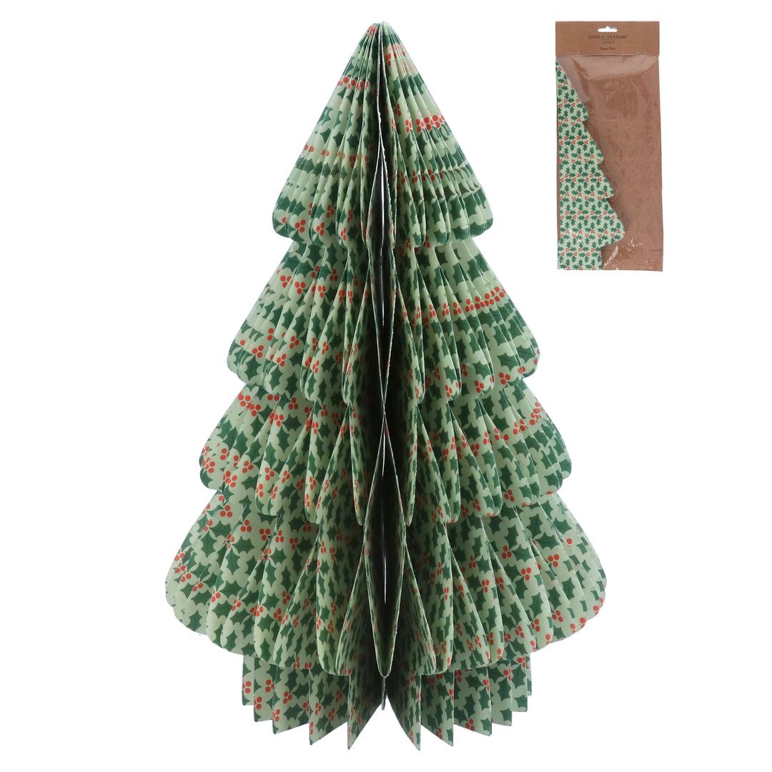 Light green paper honeycomb Christmas tree with holly ornament by Gisela Graham, perfect for holiday decor.