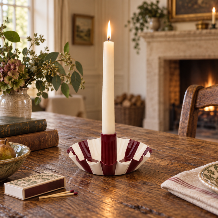 Scalloped Burgundy Stripe Candle Holder